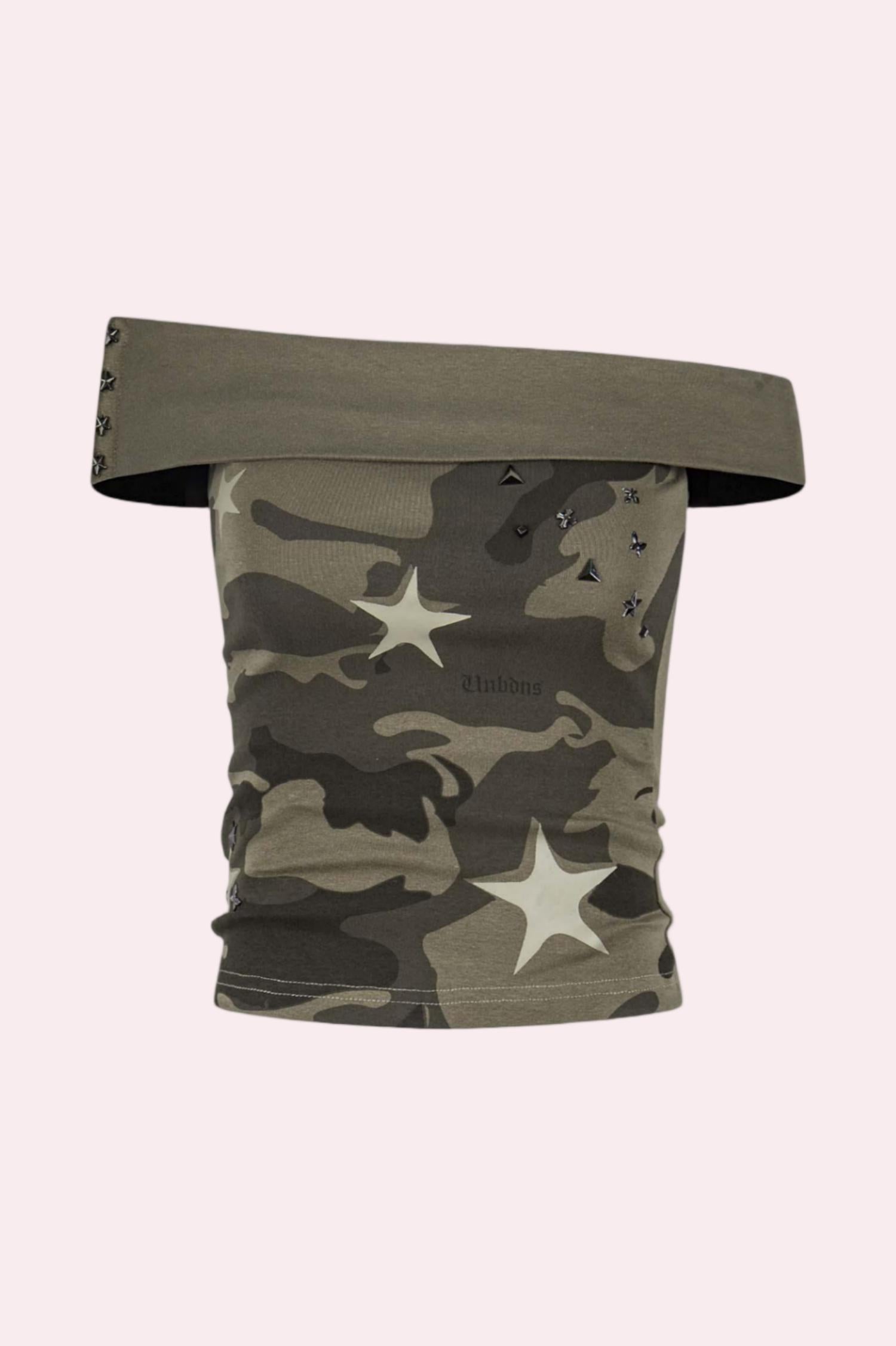 Star Studded Camo Fold-Over Off Shoulder Tube Top