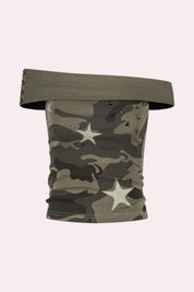 Star Studded Camo Fold-Over Off Shoulder Tube Top
