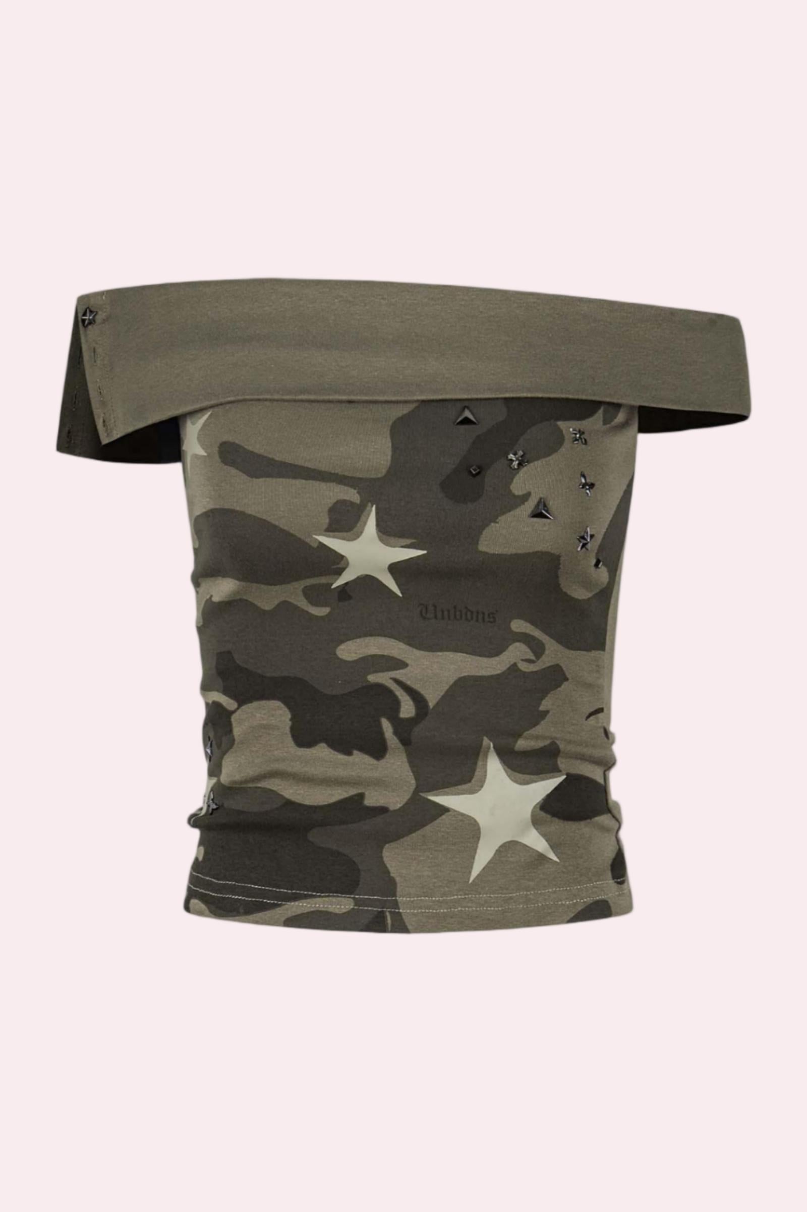 Star Studded Camo Fold-Over Off Shoulder Tube Top
