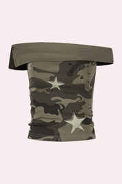 Star Studded Camo Fold-Over Off Shoulder Tube Top