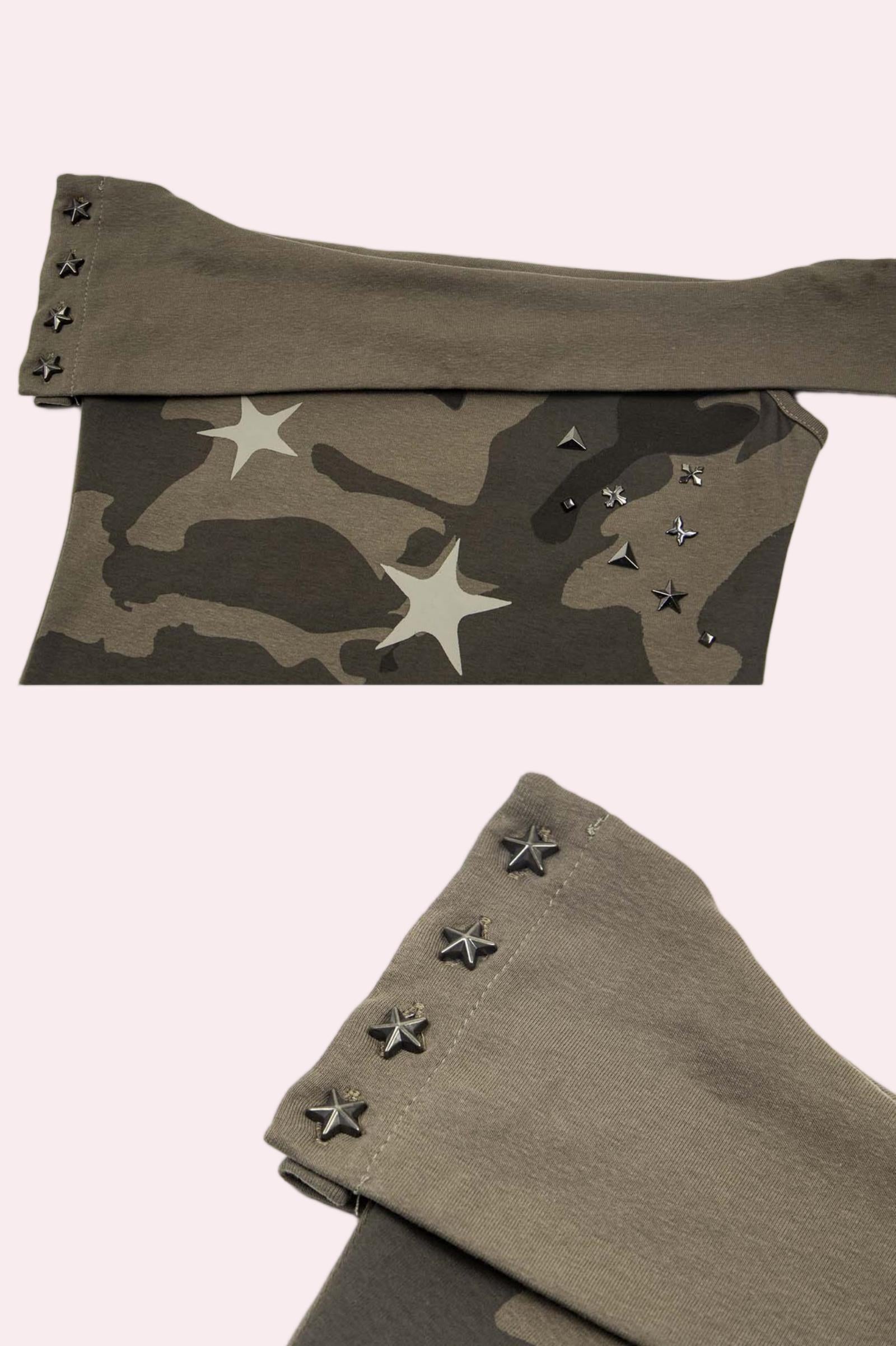 Star Studded Camo Fold-Over Off Shoulder Tube Top
