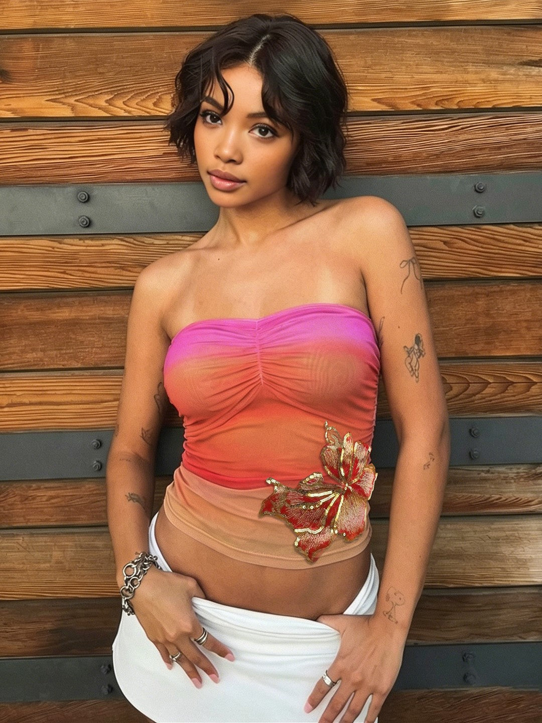 Strapless Ombre Sequin Butterfly Ruched Tube Top