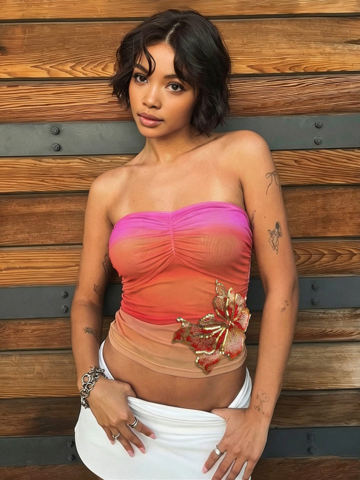 Strapless Ombre Sequin Butterfly Ruched Tube Top