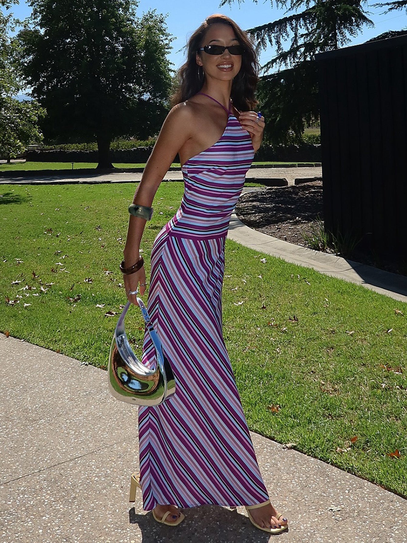 backless striped maxi dress Stripe Halter Backless Maxi Dress