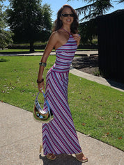 Stripe Halter Backless Maxi Dress