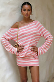 Striped Off-Shoulder Backless Long Sleeve Mini Dress