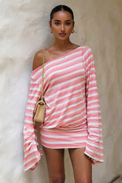 Striped Off-Shoulder Backless Long Sleeve Mini Dress