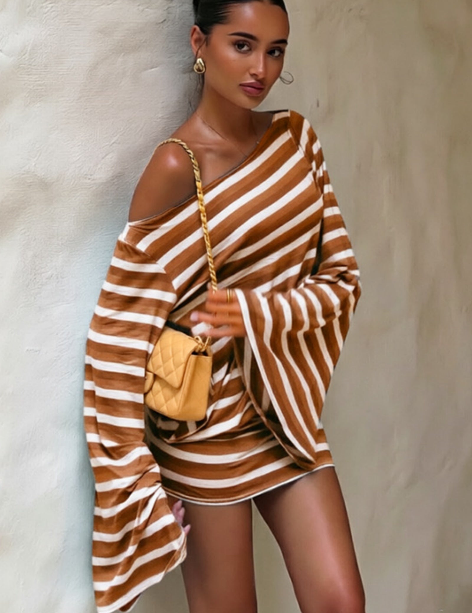 Striped Off-Shoulder Backless Long Sleeve Mini Dress