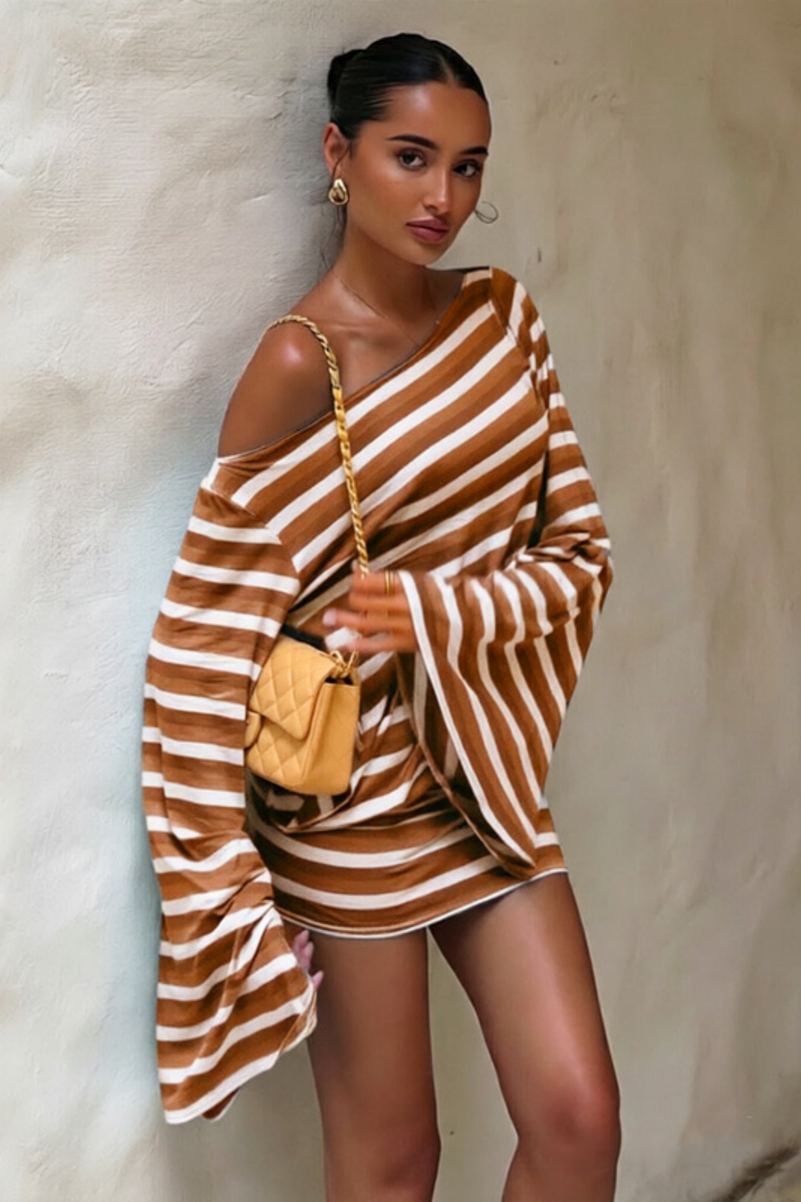Striped Off-Shoulder Backless Long Sleeve Mini Dress