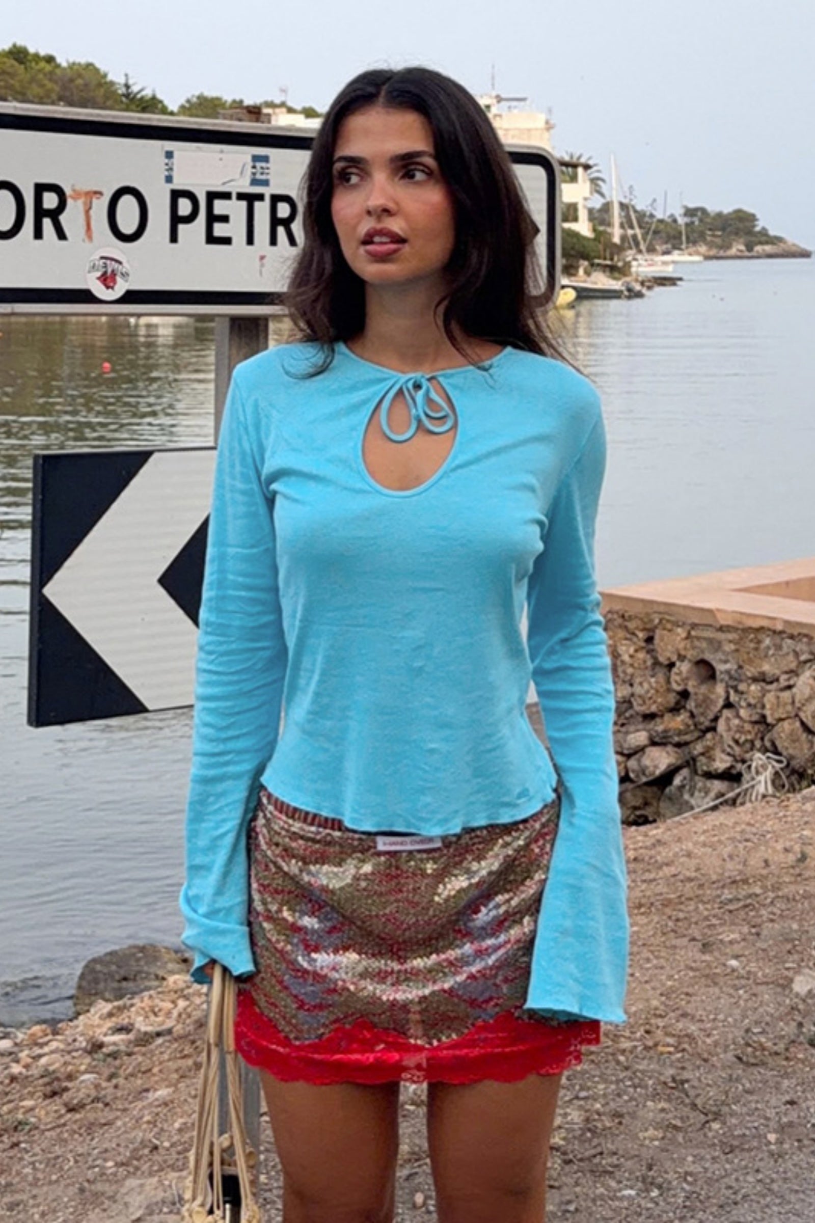 Tie-Front Keyhole Long Sleeve Crop Top