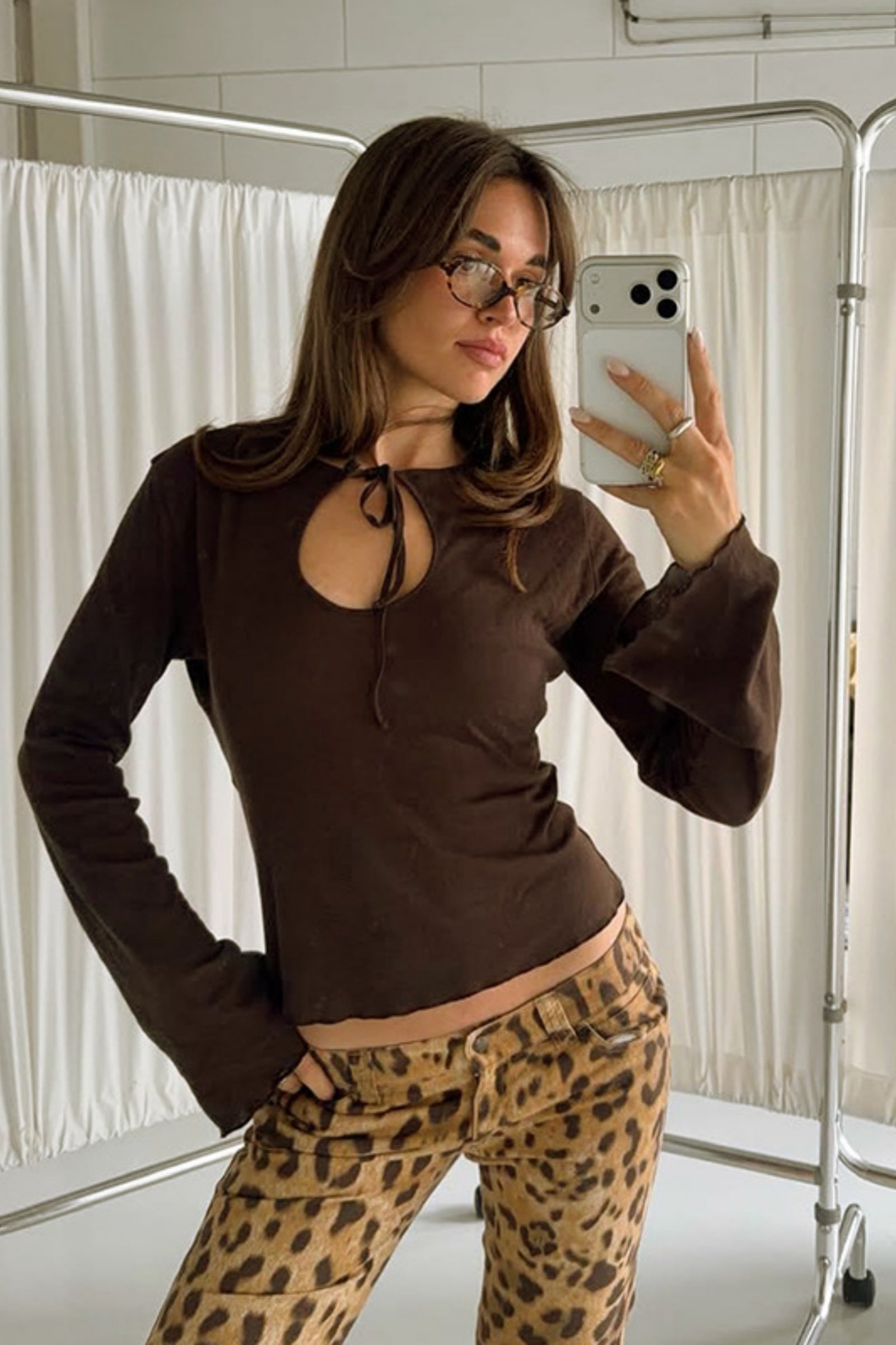 Tie-Front Keyhole Long Sleeve Crop Top