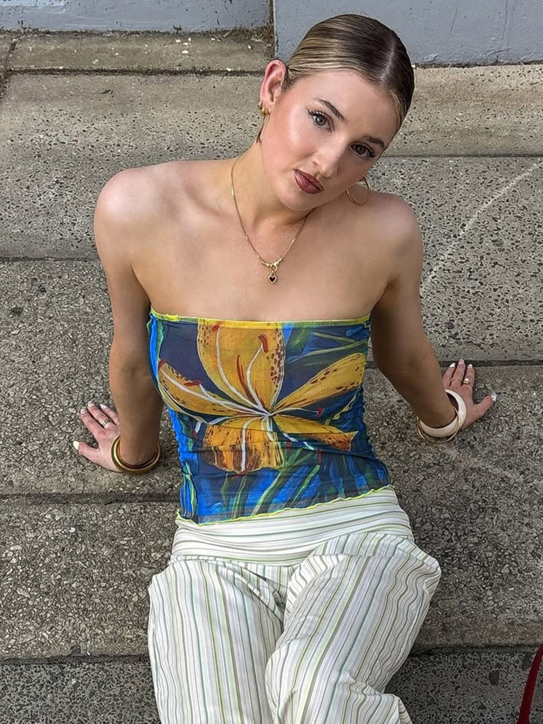 Tropical Lily Print Mesh Strapless Top