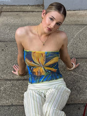 Tropical Lily Print Mesh Strapless Top