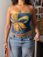 Tropical Lily Print Mesh Strapless Top