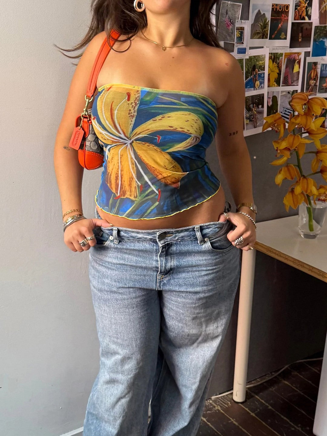 Tropical Lily Print Mesh Strapless Top