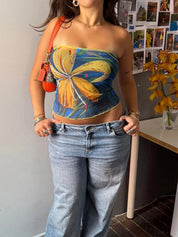 Tropical Lily Print Mesh Strapless Top