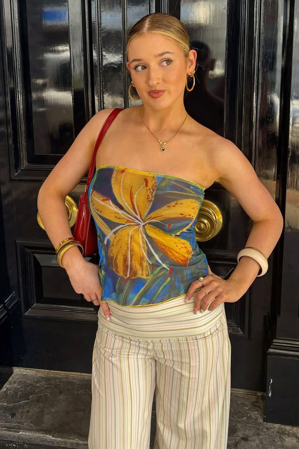 Tropical Lily Print Mesh Strapless Top