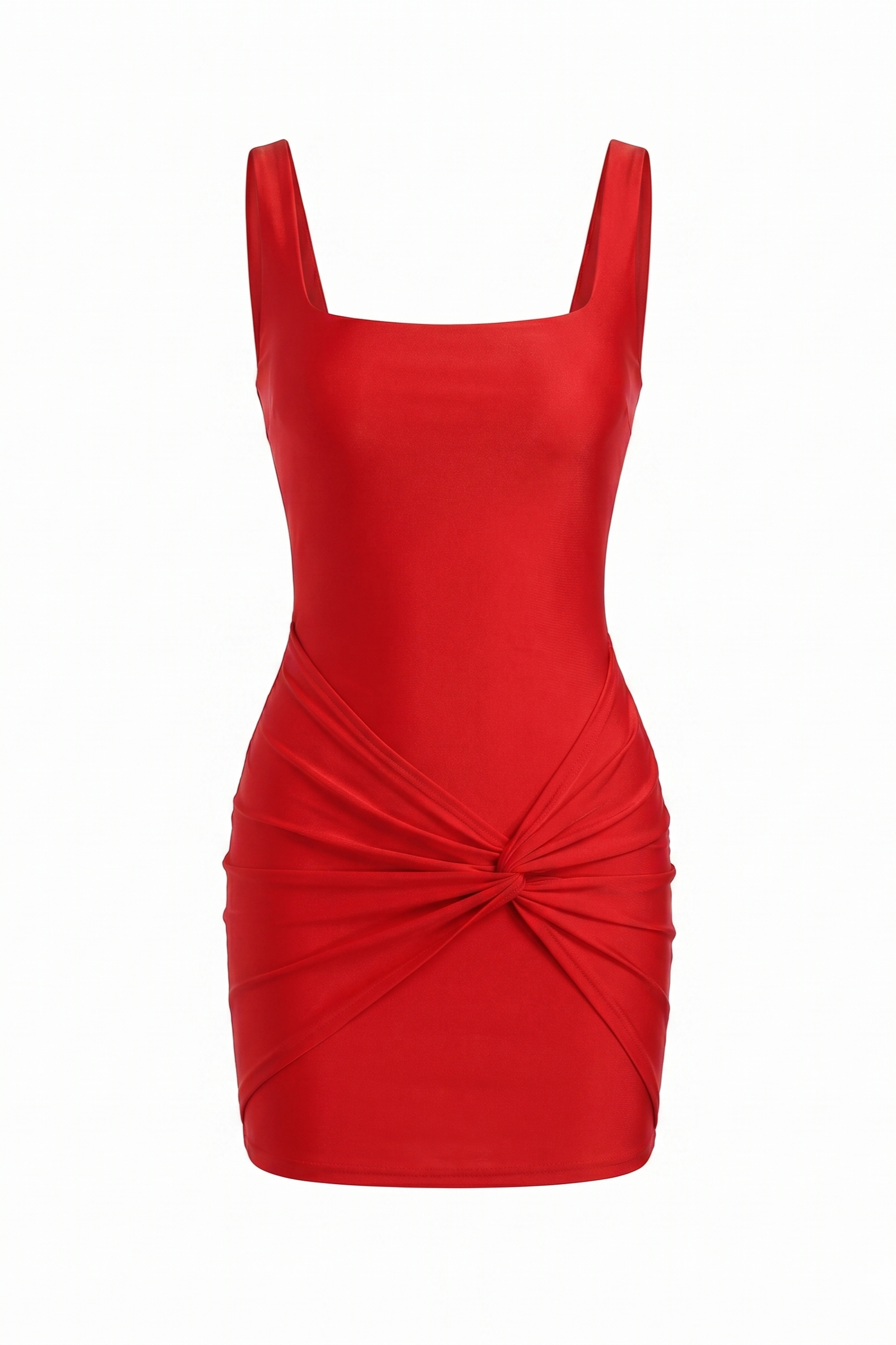 Red Square Neck Ruched Twist Bodycon Mini Dress