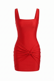 Red Square Neck Ruched Twist Bodycon Mini Dress