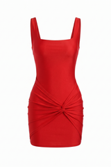 Red Square Neck Ruched Twist Bodycon Mini Dress