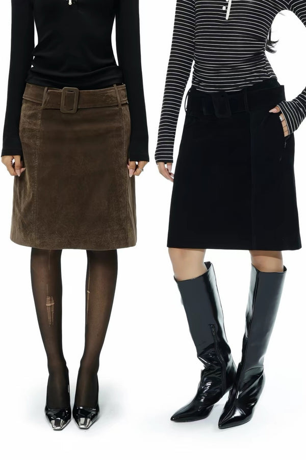 Vintage Suede Belted A-Line Mini Skirt