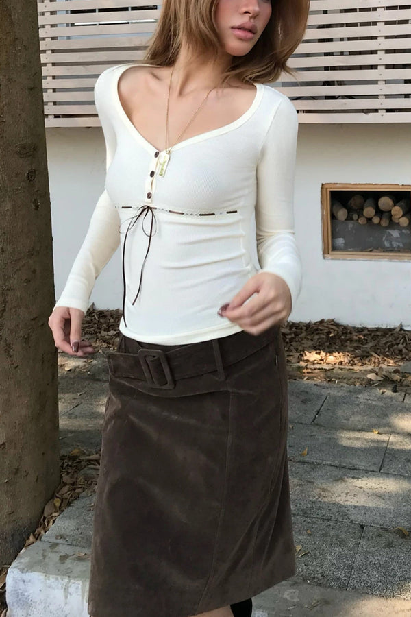 Vintage Suede Belted A-Line Mini Skirt
