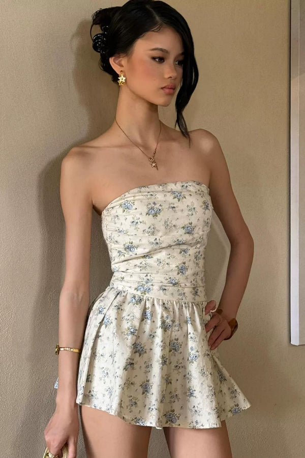 Vintage Blue Floral Strapless Mini Dress