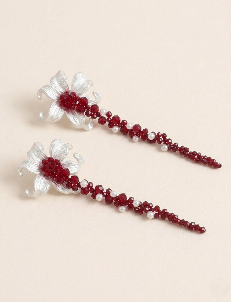 Ruby Red & Pearl Color Lily Dangle Earrings