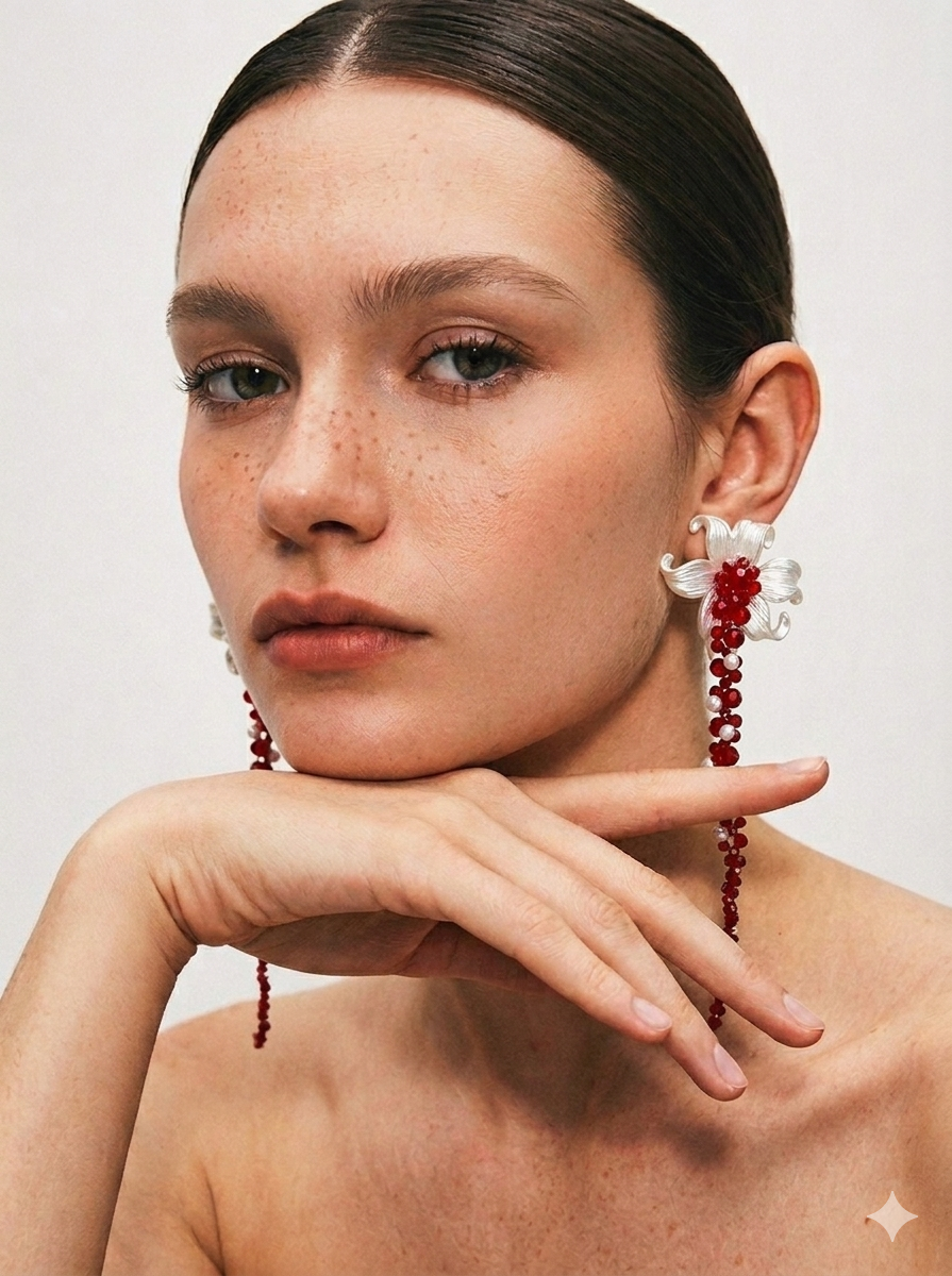 Ruby Red & Pearl Color Lily Dangle Earrings