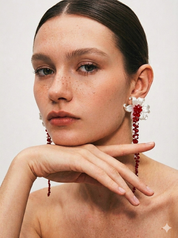 Ruby Red & Pearl Color Lily Dangle Earrings