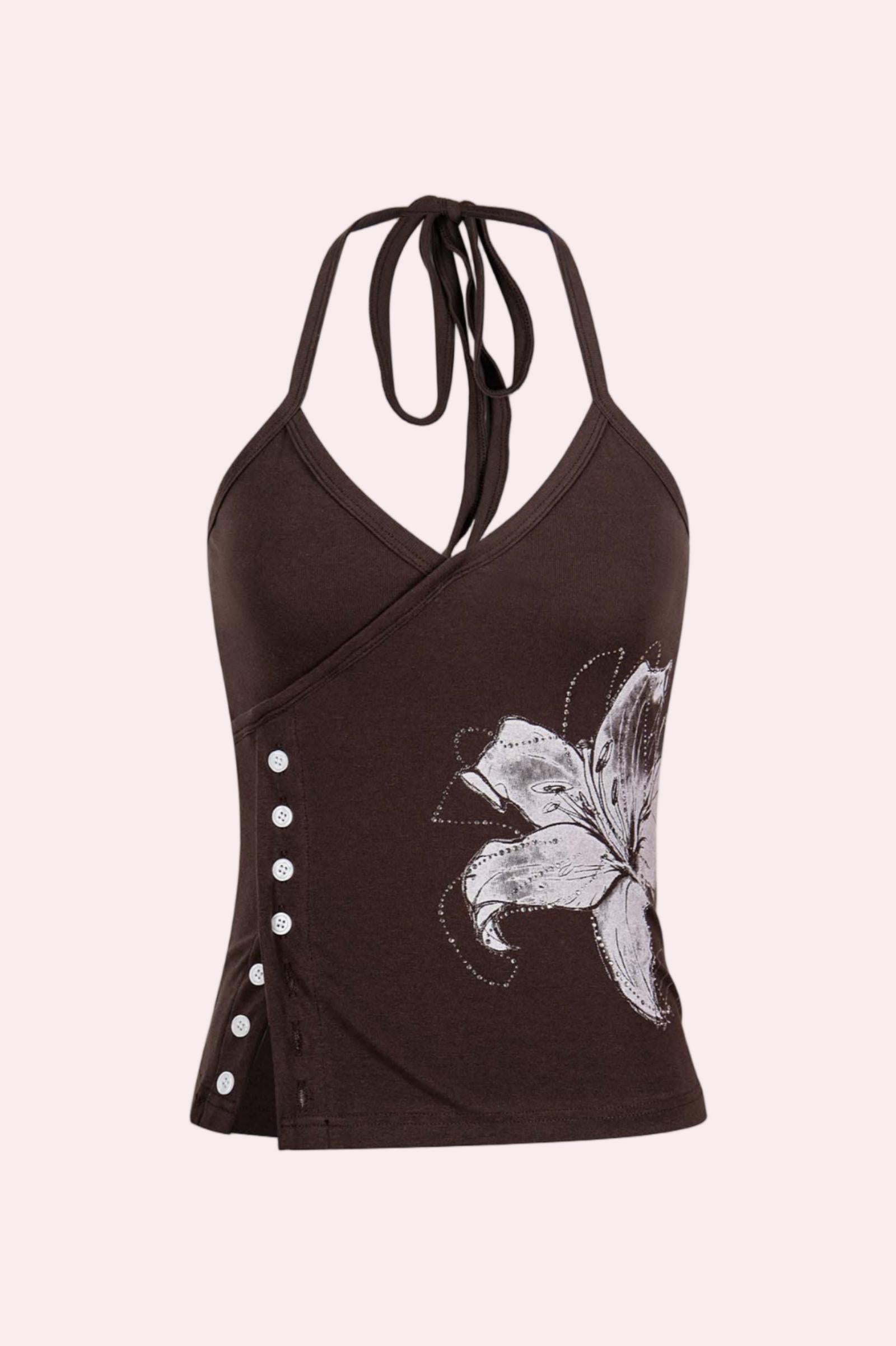 Y2K Floral Rhinestone Halter Side Button Top