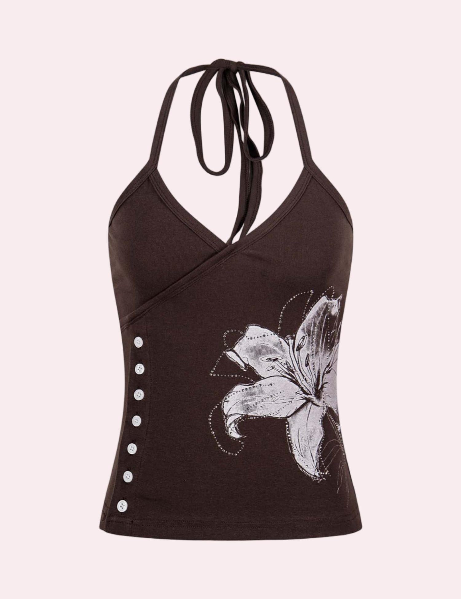 Y2K Floral Rhinestone Halter Side Button Top