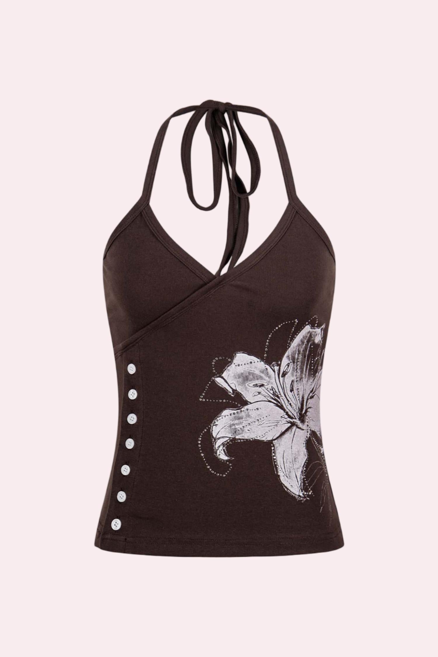 Y2K Floral Rhinestone Halter Side Button Top