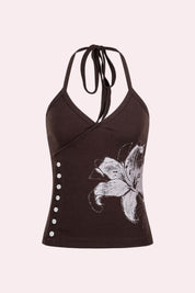 Y2K Floral Rhinestone Halter Side Button Top