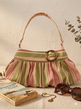 Vintage Striped Canvas Shoulder Bag with Tortoise Ring