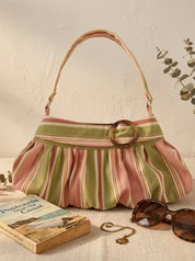 Vintage Striped Canvas Shoulder Bag with Tortoise Ring