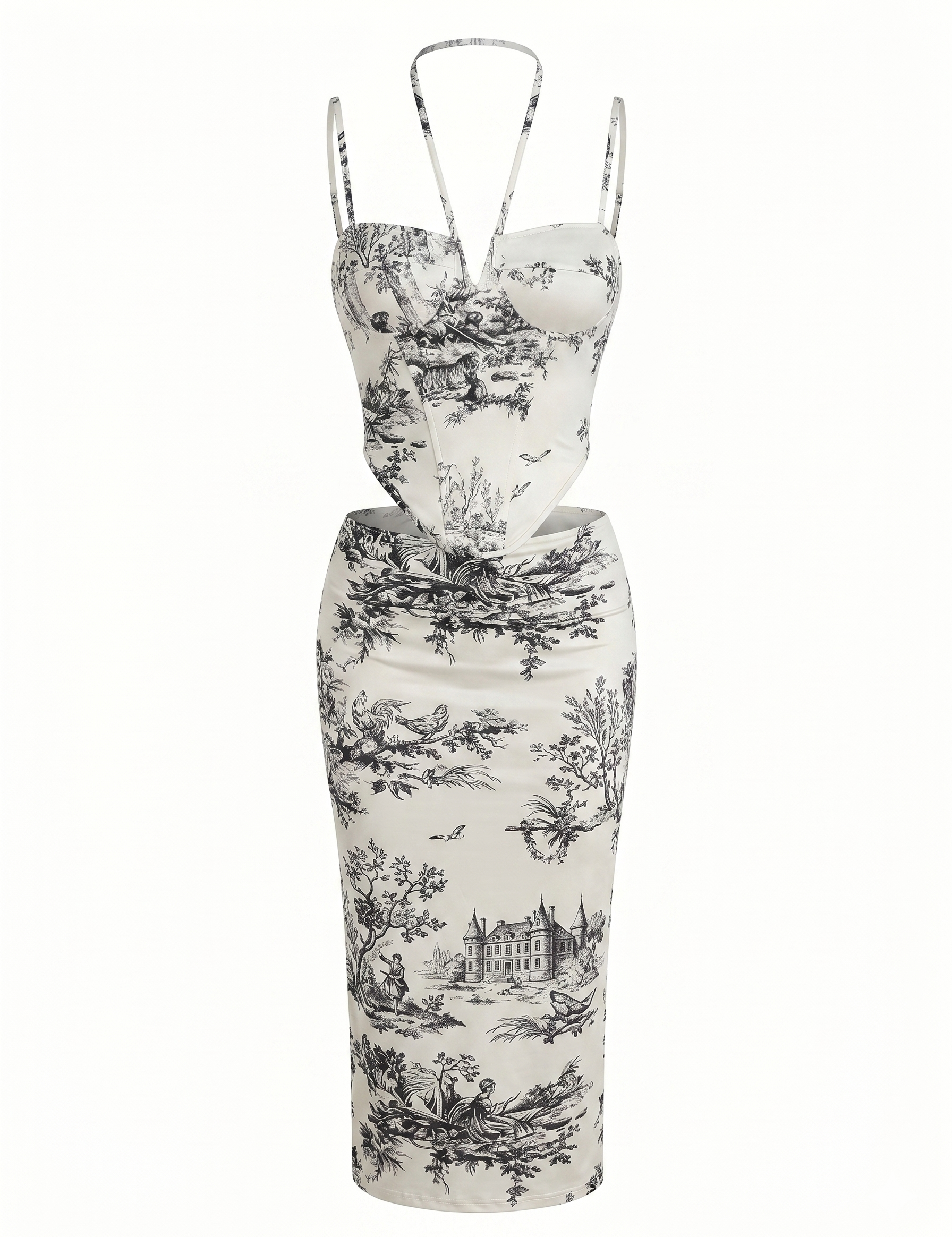 Print Corset Top & Ruched Midi Skirt Set