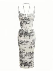 Print Corset Top & Ruched Midi Skirt Set