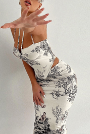 Print Corset Top & Ruched Midi Skirt Set