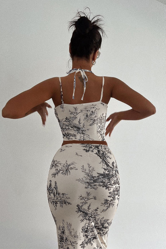 Print Corset Top & Ruched Midi Skirt Set
