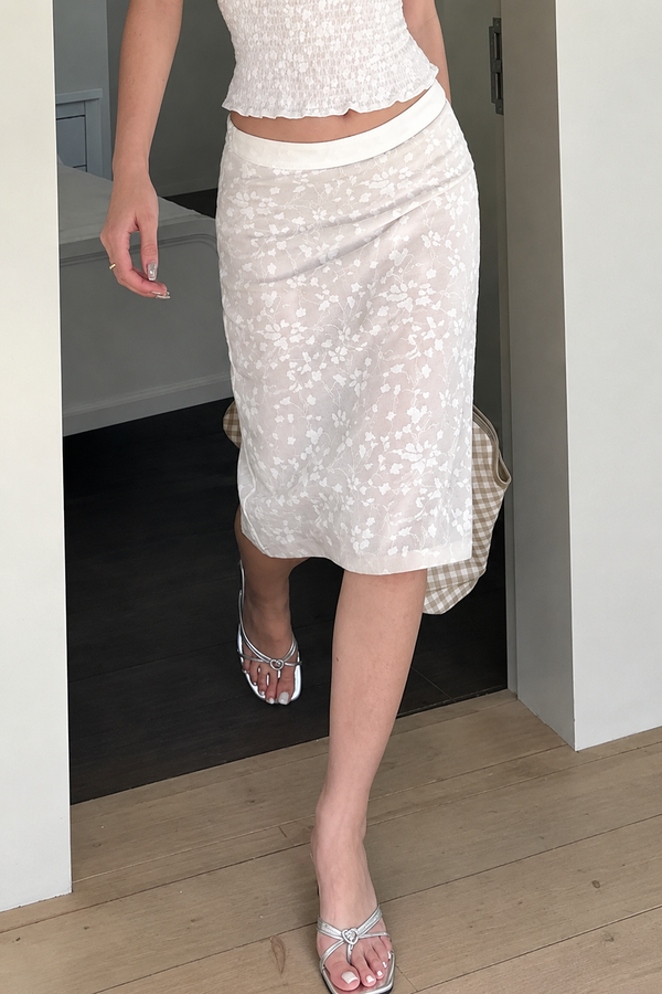 White Floral Jacquard Midi Skirt