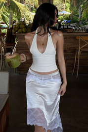 White Halter Neck Top and Satin Lace Midi Skirt Set