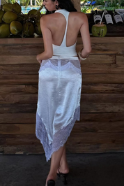White Halter Neck Top and Satin Lace Midi Skirt Set