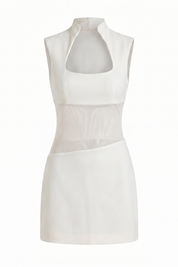 White High-Neck Sheer Mesh Bodycon Mini Dress