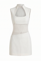 White High-Neck Sheer Mesh Bodycon Mini Dress