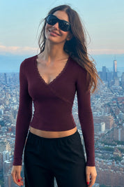 White Lace Trim V-Neck Long Sleeve Crop Top