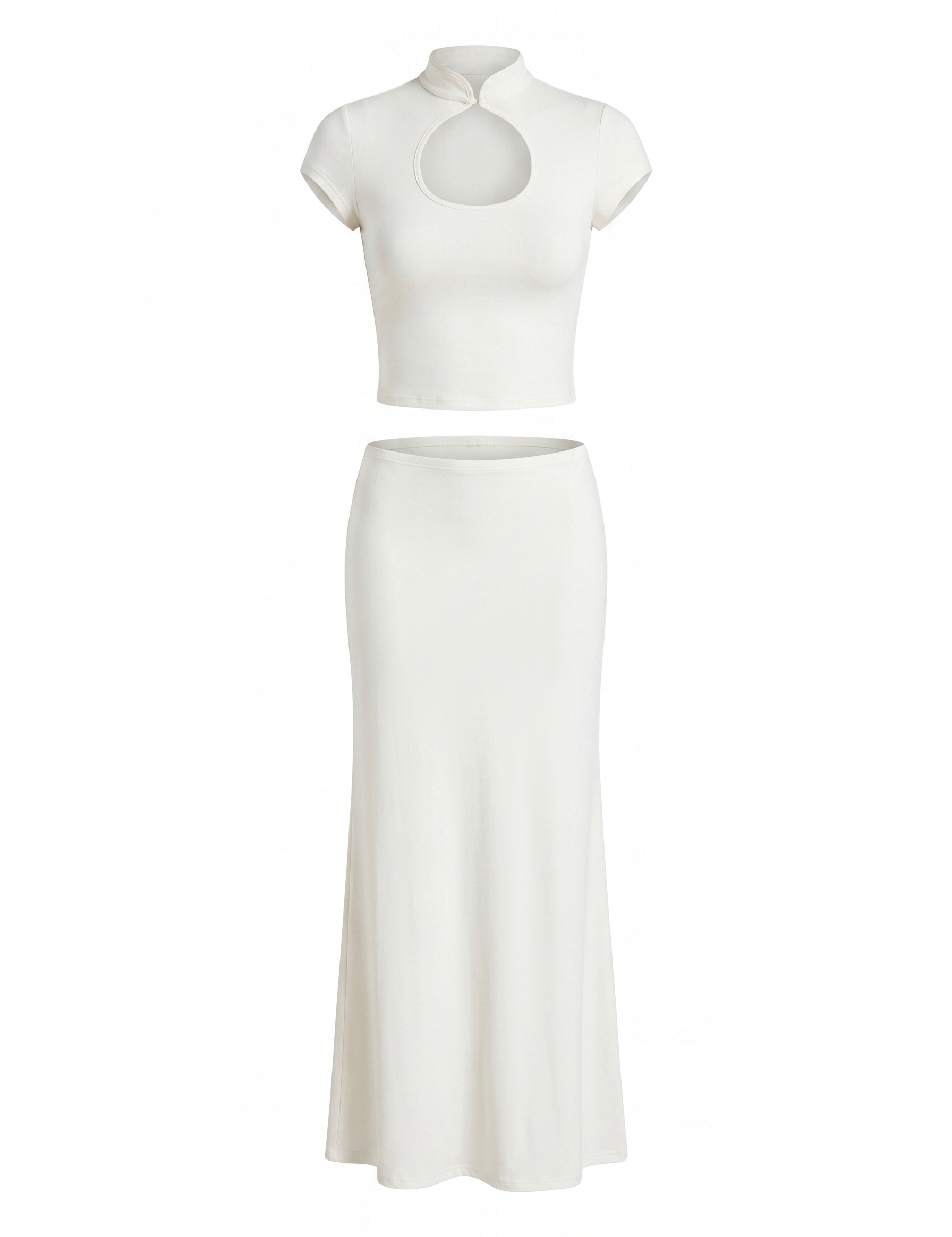 White Mandarin Collar Keyhole Crop Top & Maxi Skirt Set