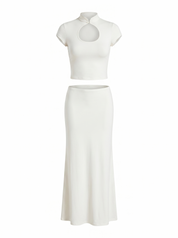 White Mandarin Collar Keyhole Crop Top & Maxi Skirt Set