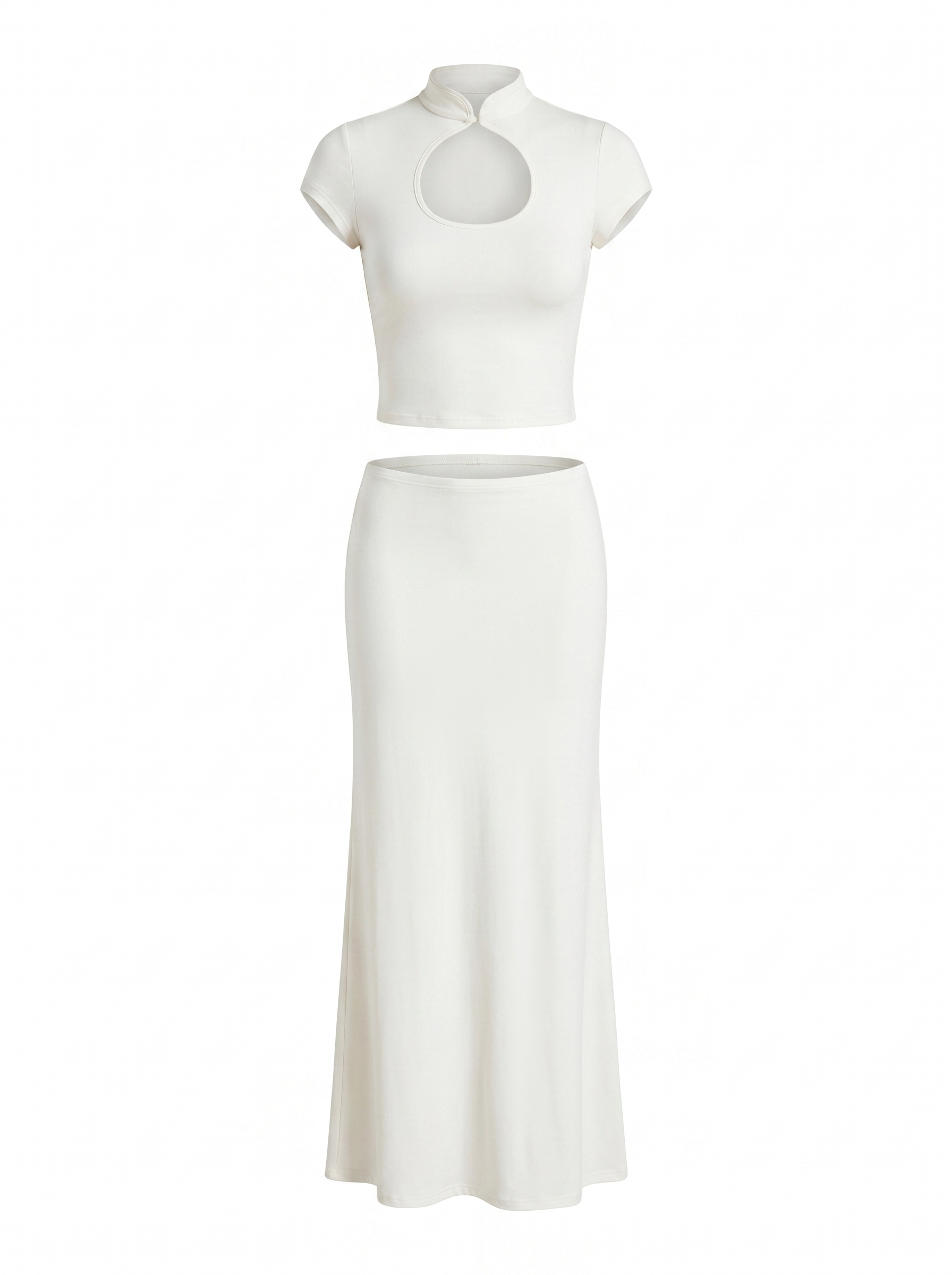 White Mandarin Collar Keyhole Crop Top & Maxi Skirt Set