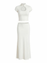 White Mandarin Collar Keyhole Crop Top & Maxi Skirt Set